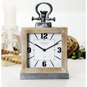 Rustic Industrial Square Table Clock Silver Metal Accents Antique Farmhouse